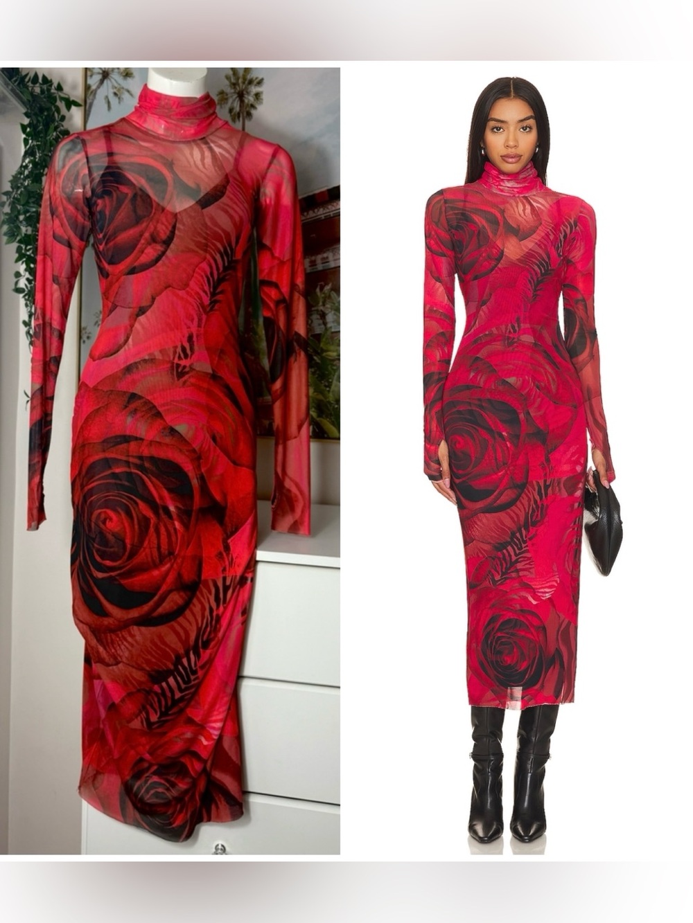 AFRM Red Black Rose Mesh Midi Dress Mockneck Long Sleeve Bodycon Size Small